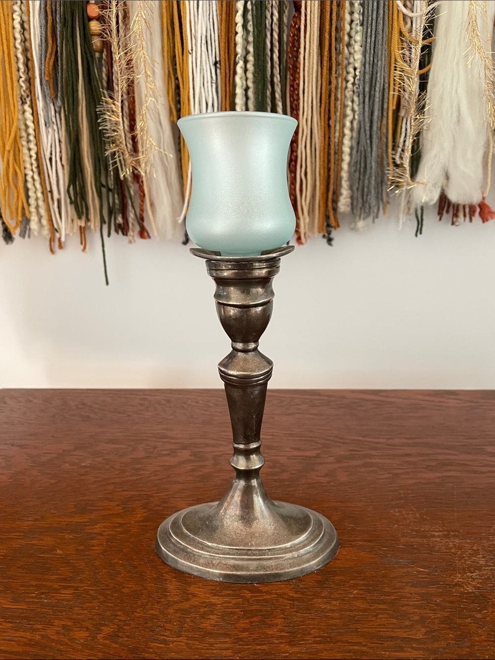 Silver  Candlestick Holder with first blue votive - unique look